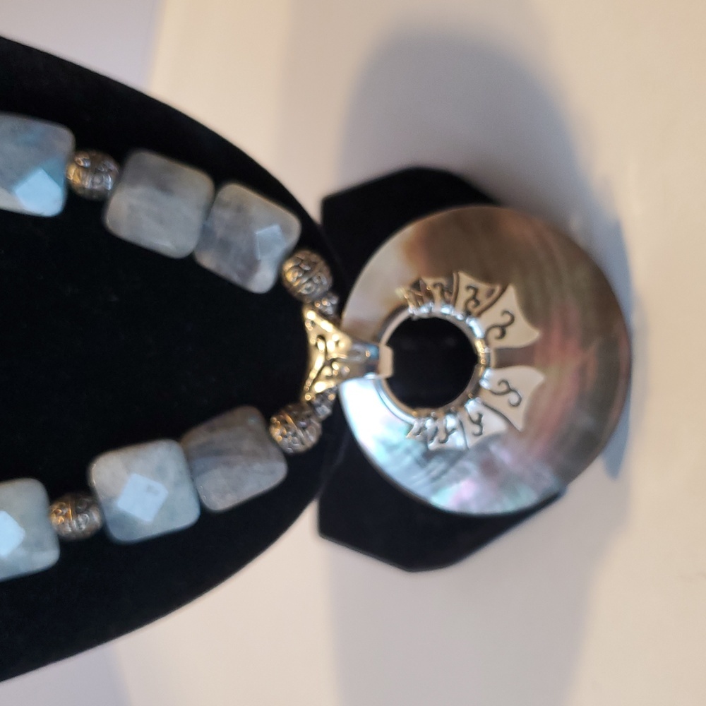Vintage Abalone Sterling Silver Grey Labrodite And Silver Beads 18 Inch